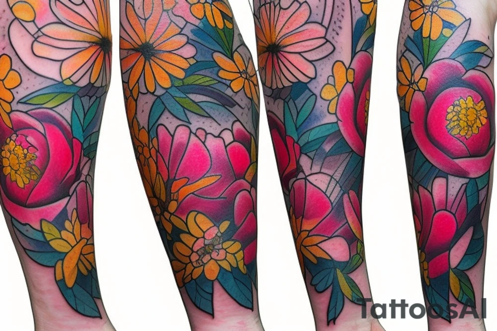 Upper leg, flowers, peonies, colorful tattoo idea