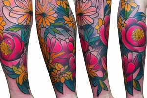 Upper leg, flowers, peonies, colorful tattoo idea