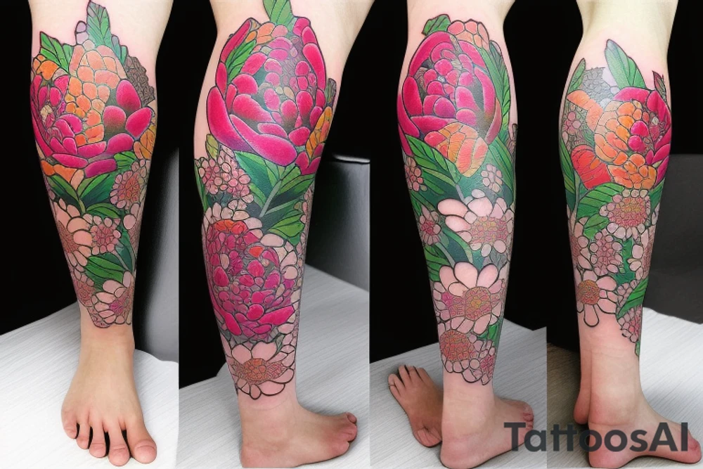 Upper leg, flowers, peonies, colorful tattoo idea