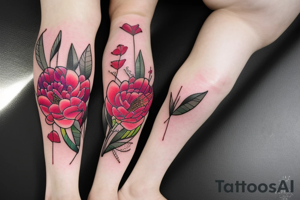Upper leg, flowers, peonies, colorful tattoo idea