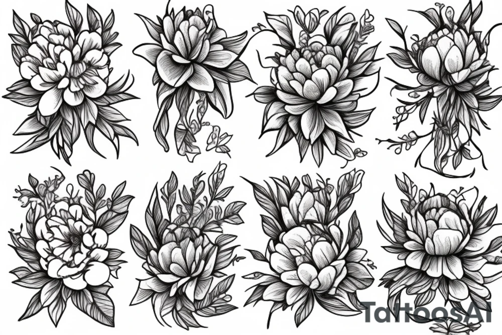 Upper leg, flowers, peonies, colorful tattoo idea