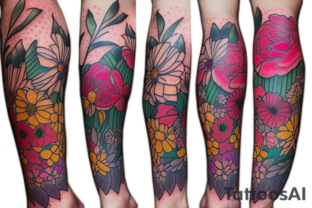Upper leg, flowers, peonies, colorful tattoo idea