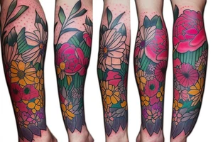 Upper leg, flowers, peonies, colorful tattoo idea