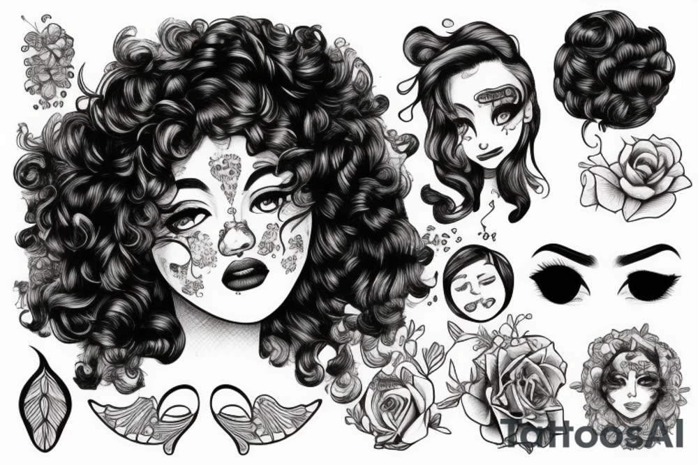 A beautiful girl with a round face, black eyes and eyebrows, and curly hair tattoo idea