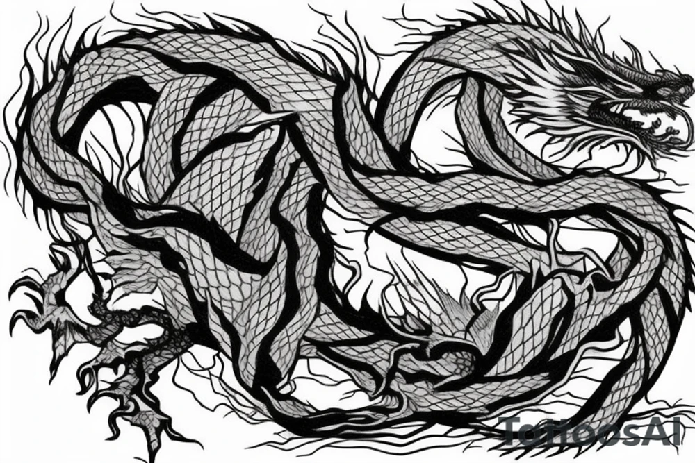 A feet shaped dragon wrapped in vines, roots and leaves tattoo idea