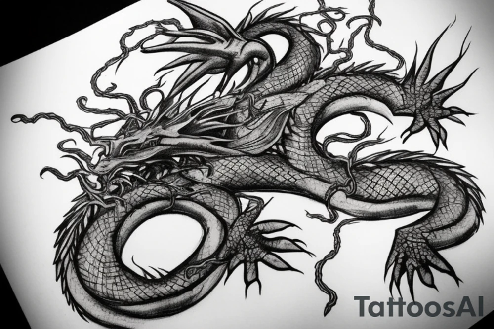 A feet shaped dragon wrapped in vines, roots and leaves tattoo idea