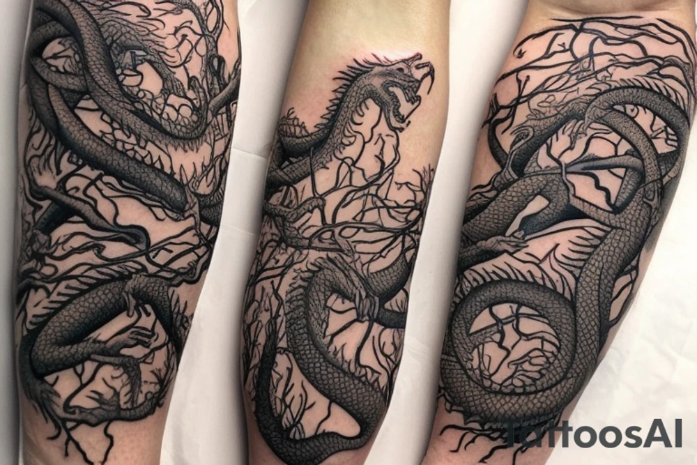 A feet shaped dragon wrapped in vines, roots and leaves tattoo idea