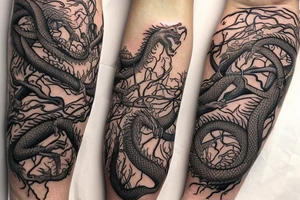 A feet shaped dragon wrapped in vines, roots and leaves tattoo idea