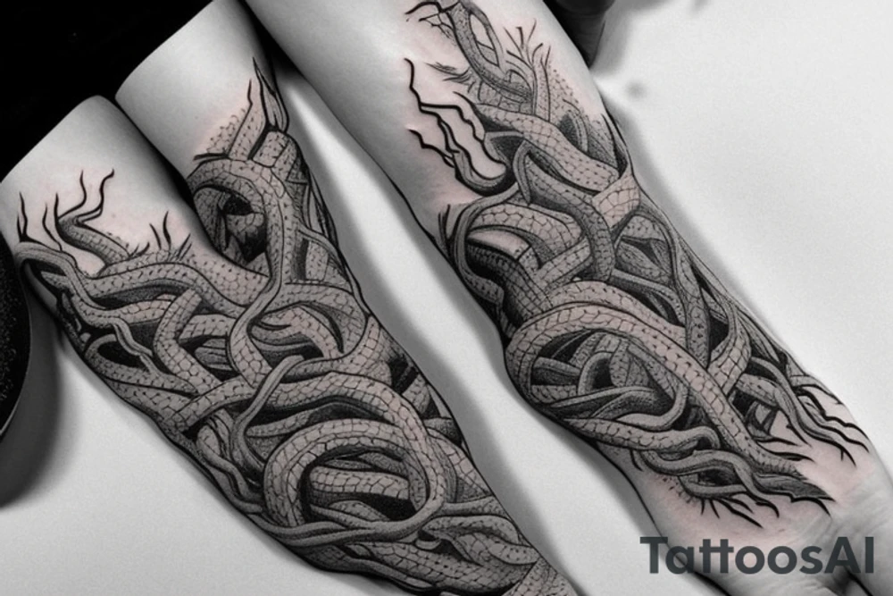 A feet shaped dragon wrapped in vines, roots and leaves tattoo idea