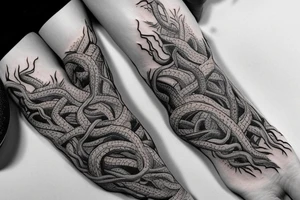 A feet shaped dragon wrapped in vines, roots and leaves tattoo idea