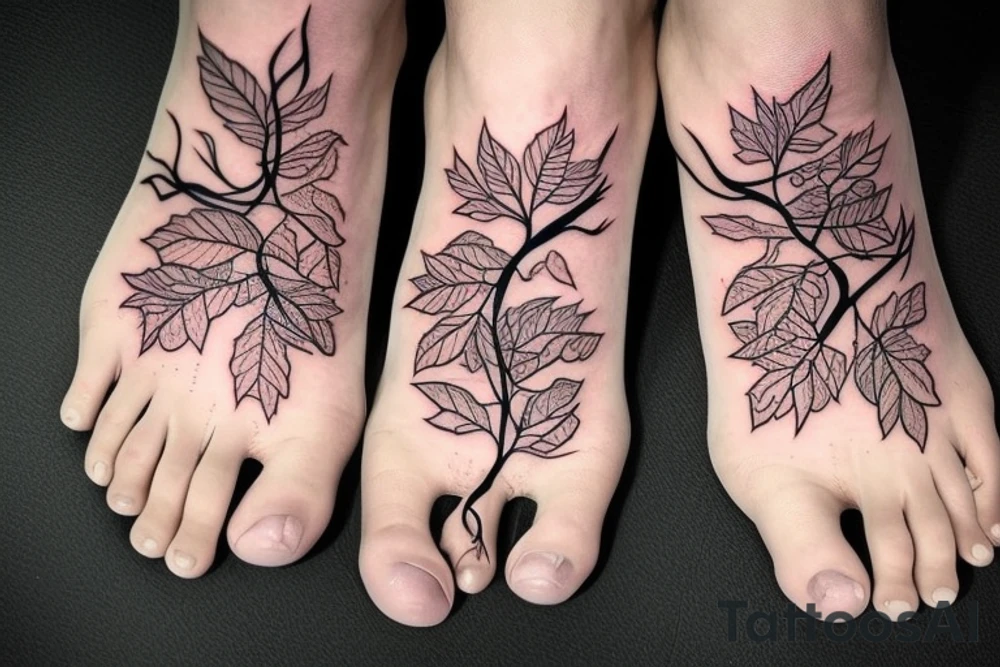 A feet wrapped in vines, roots and leaves tattoo idea