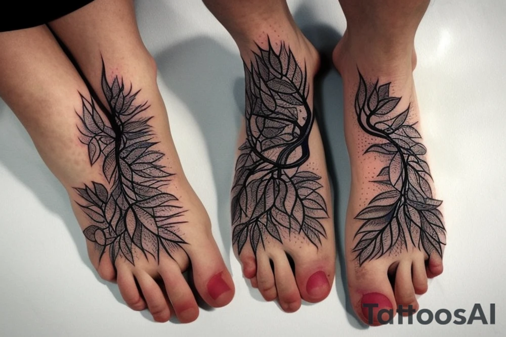 A feet wrapped in vines, roots and leaves tattoo idea