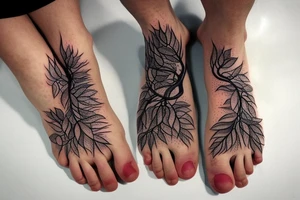 A feet wrapped in vines, roots and leaves tattoo idea