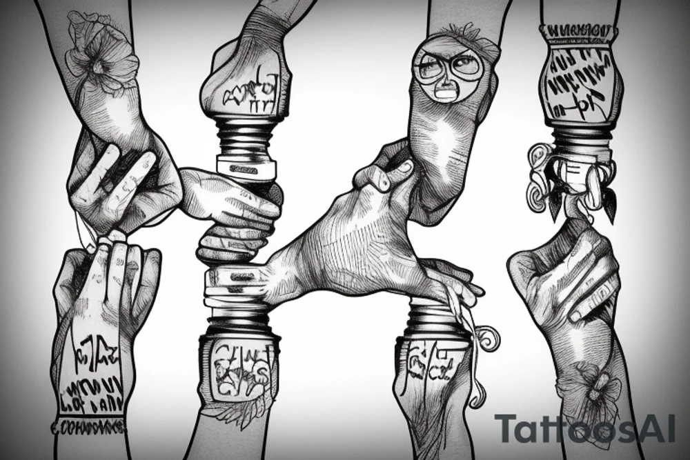 A chain of hands holding the pullstring for an old lightbulb tattoo idea