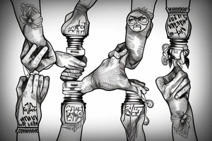 A chain of hands holding the pullstring for an old lightbulb tattoo idea