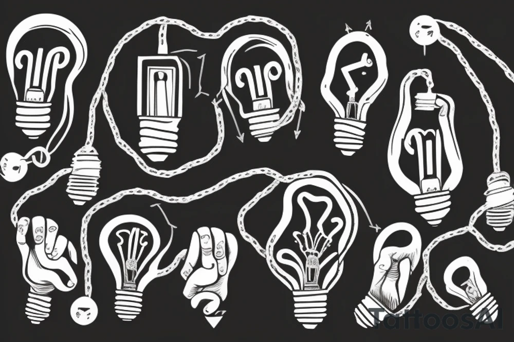 A chain of hands holding the pullstring for an old lightbulb tattoo idea