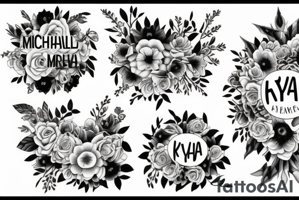 flowers with names of children Michael, Alexa, Ryan, Connor, Breah, Kyla tattoo idea