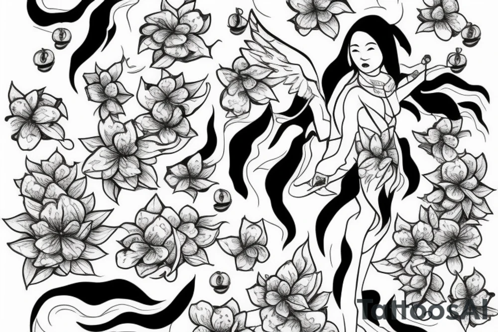angle stepping on the devil surrounded by cherry blossoms and koi fish tattoo idea