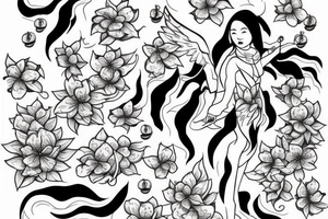 angle stepping on the devil surrounded by cherry blossoms and koi fish tattoo idea