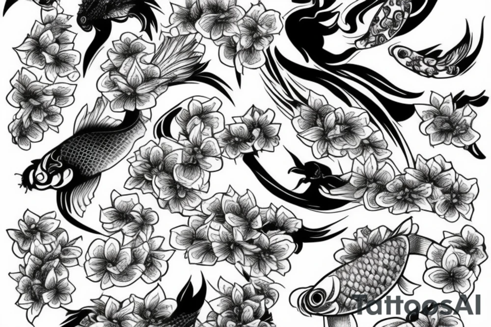 angle stepping on the devil surrounded by cherry blossoms and koi fish tattoo idea