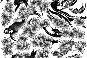 angle stepping on the devil surrounded by cherry blossoms and koi fish tattoo idea