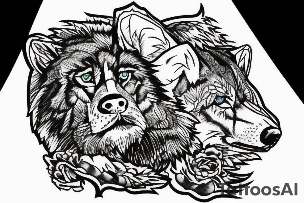 a man sitting back on top of acliff with a whit wolf siitng on his side watching at the scenery tattoo idea