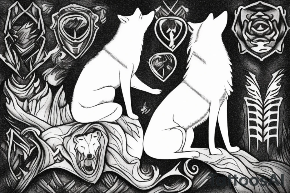 a man sitting on top of a cliff with a white wolf siitng on his side watching at the scenery tattoo idea