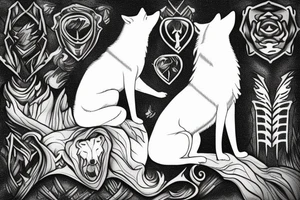 a man sitting on top of a cliff with a white wolf siitng on his side watching at the scenery tattoo idea