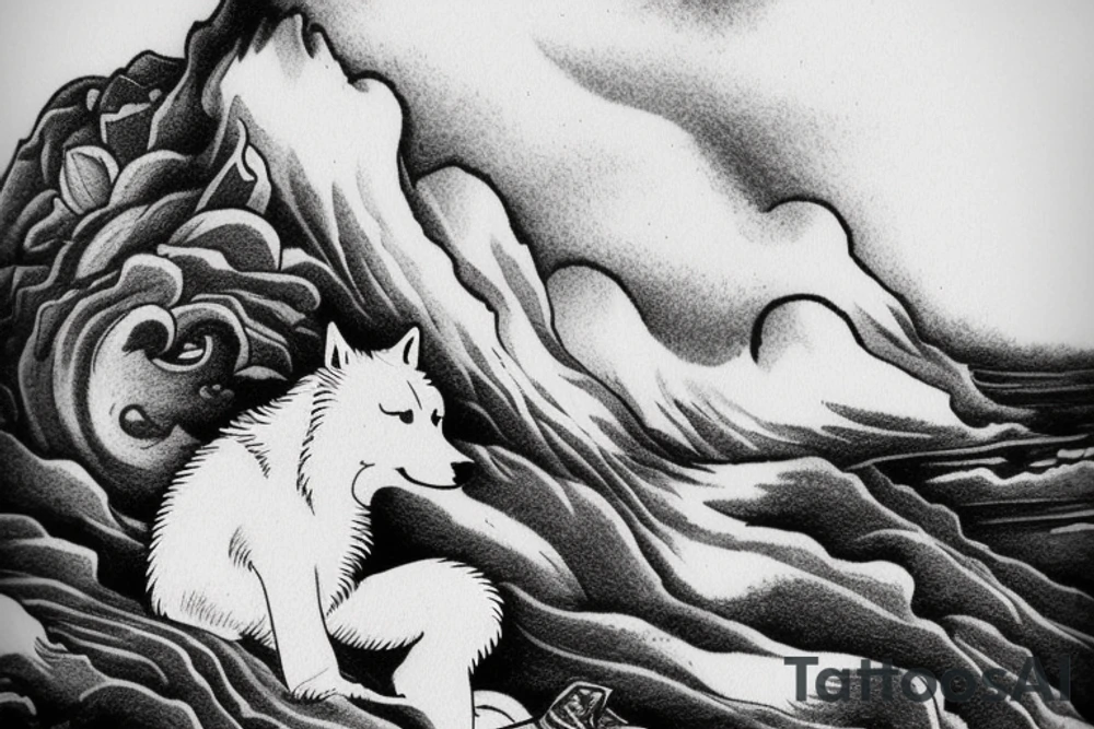 a man sitting on top of a cliff with a white wolf siitng on his side watching at the scenery tattoo idea