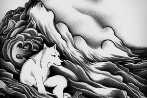 a man sitting on top of a cliff with a white wolf siitng on his side watching at the scenery tattoo idea