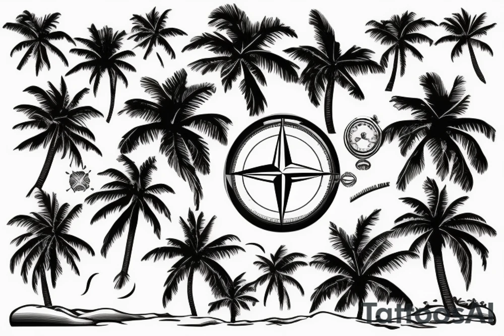 Beach with palm trees, compass, map in the background tattoo idea Beach with palm trees, compass, map in the background tattoo idea