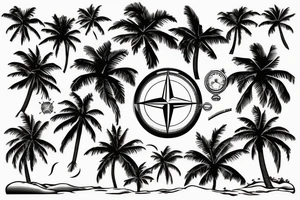 Beach with palm trees, compass, map in the background tattoo idea