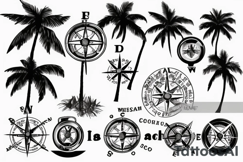 Beach with palm trees, compass, map in the background tattoo idea