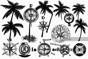 Beach with palm trees, compass, map in the background tattoo idea