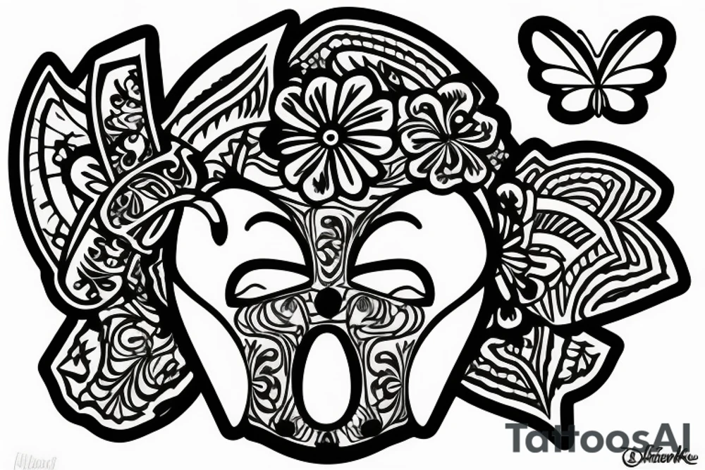 hawaian mask with a flower below and a butterfly in the head tattoo idea