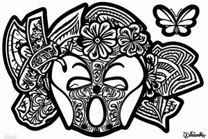 hawaian mask with a flower below and a butterfly in the head tattoo idea