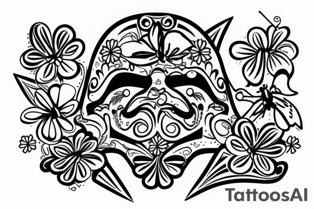 hawaian mask with a flower below and a butterfly in the head tattoo idea