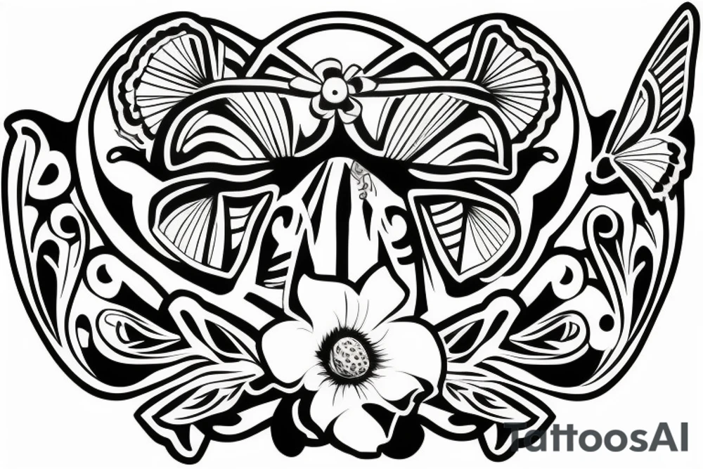 hawaian mask with a flower below and a butterfly in the head tattoo idea