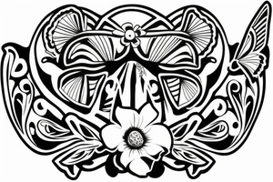 hawaian mask with a flower below and a butterfly in the head tattoo idea