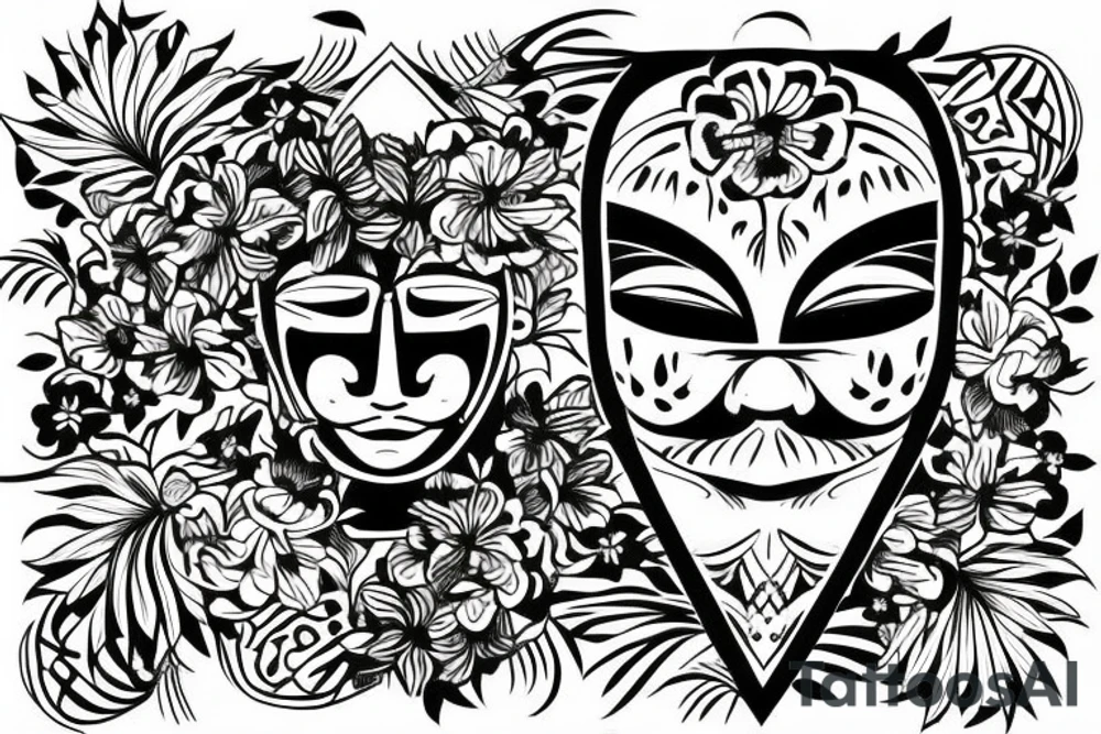 hawaian mask with a flower below and a butterfly in the head tattoo idea