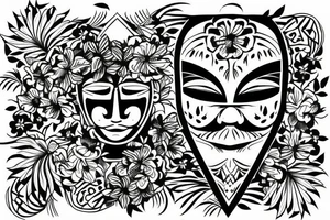 hawaian mask with a flower below and a butterfly in the head tattoo idea