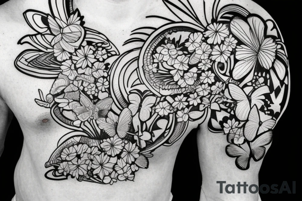 One hawaian mask with a flower in the neck and a butterfly in the forehead. Fineline work. tattoo idea