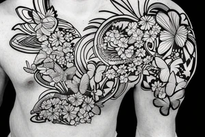 One hawaian mask with a flower in the neck and a butterfly in the forehead. Fineline work. tattoo idea