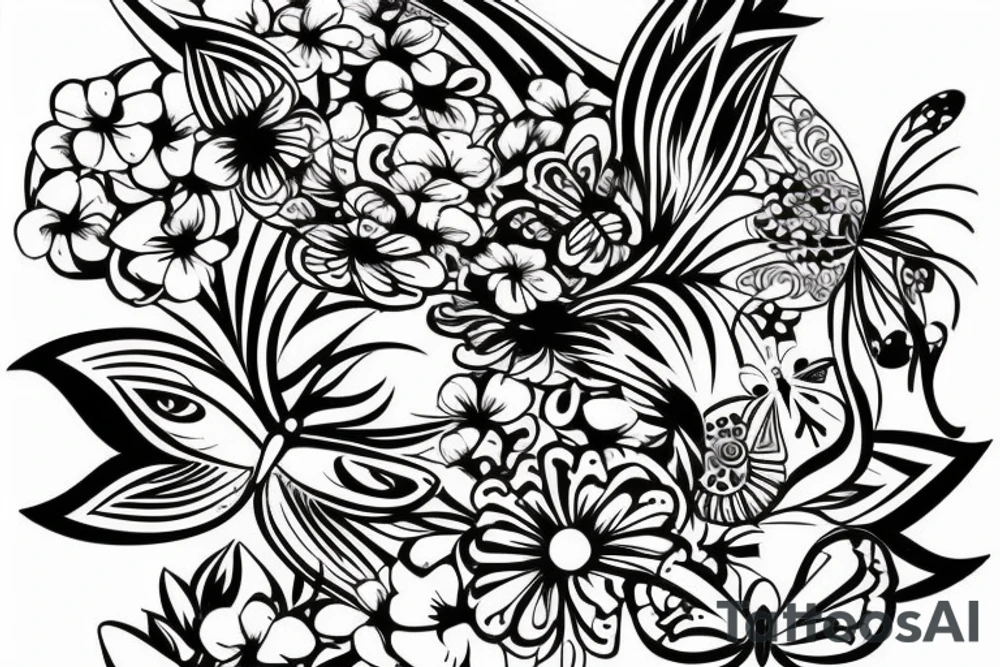 One hawaian mask with a flower in the neck and a butterfly in the forehead. Fineline work. tattoo idea