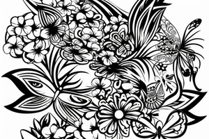 One hawaian mask with a flower in the neck and a butterfly in the forehead. Fineline work. tattoo idea
