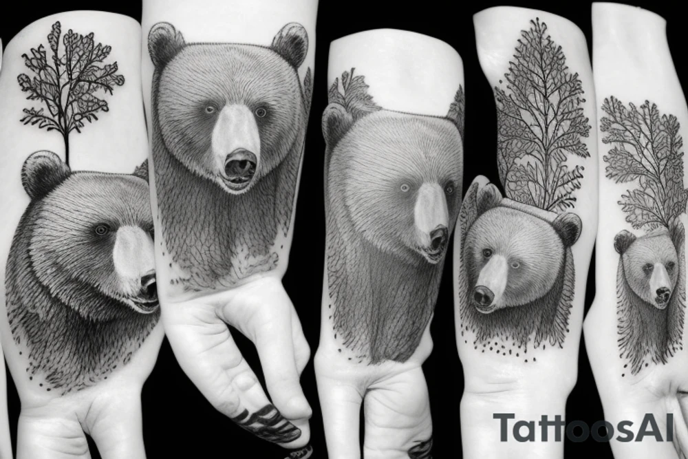 Grizzly bear mom and cub in a forest tattoo idea