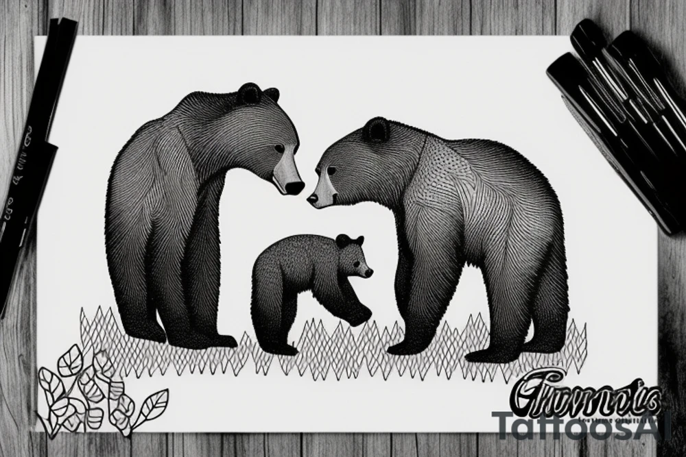 Grizzly bear mom and cub in a forest tattoo idea