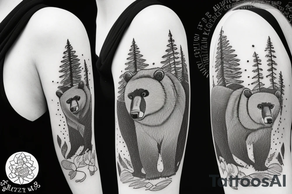 Grizzly bear mom and cub in a forest tattoo idea