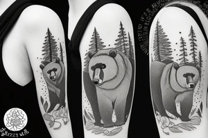 Grizzly bear mom and cub in a forest tattoo idea