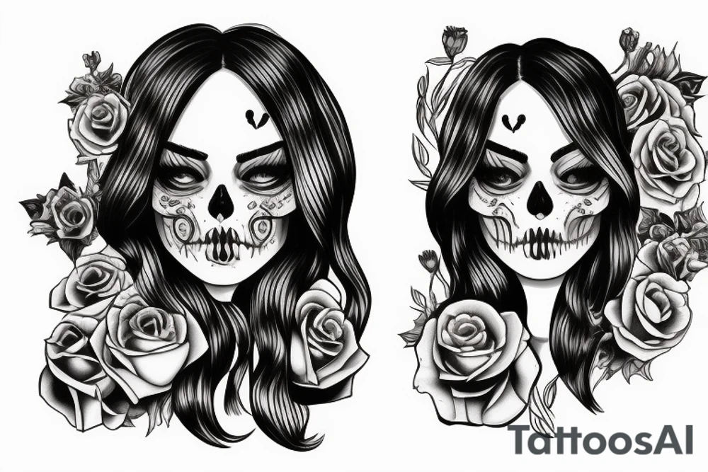 girl half skull face, with candle and mirror frame tattoo idea